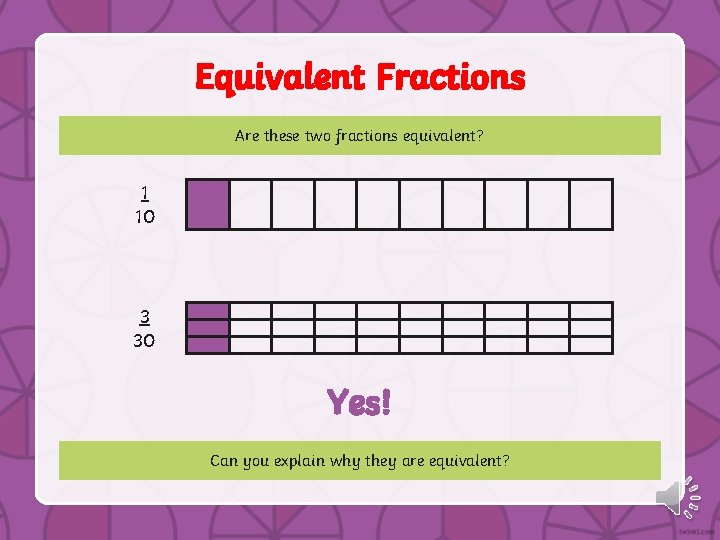 Equivalent Fractions Are these two fractions equivalent? 1 10 3 30 Yes! Can you