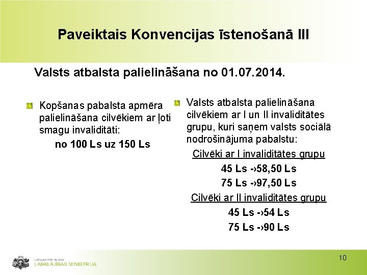 Paveiktais Konvencijas īstenošanā III Valsts atbalsta palielināšana no 01. 07. 2014. Kopšanas pabalsta apmēra