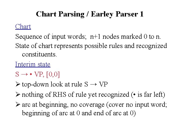 Chart Parsing / Earley Parser 1 Chart Sequence of input words; n+1 nodes marked