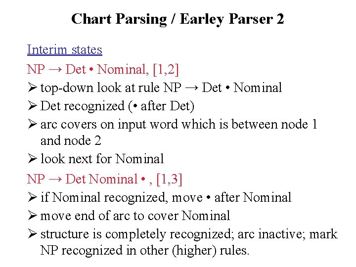 Chart Parsing / Earley Parser 2 Interim states NP → Det • Nominal, [1,