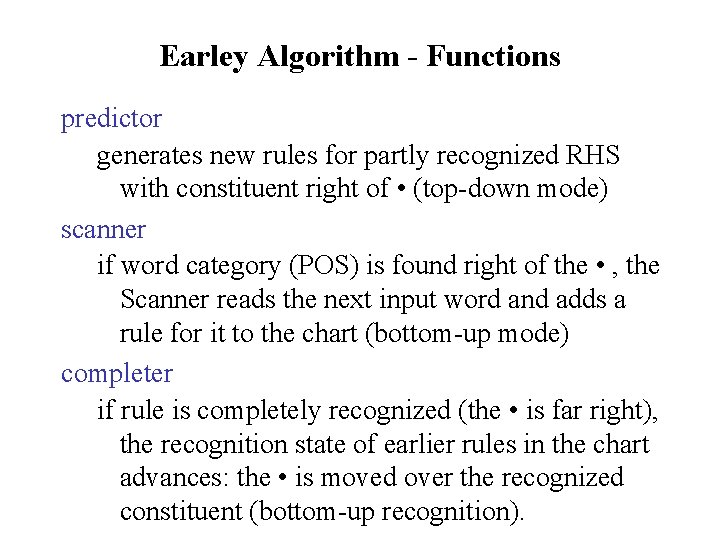 Earley Algorithm - Functions predictor generates new rules for partly recognized RHS with constituent