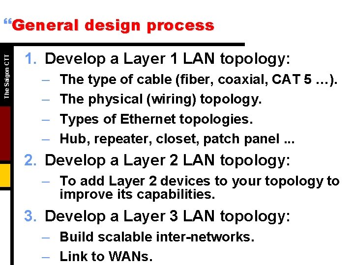 The Saigon CTT }General design process 1. Develop a Layer 1 LAN topology: –