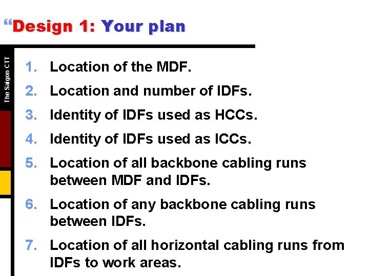The Saigon CTT }Design 1: Your plan 1. Location of the MDF. 2. Location