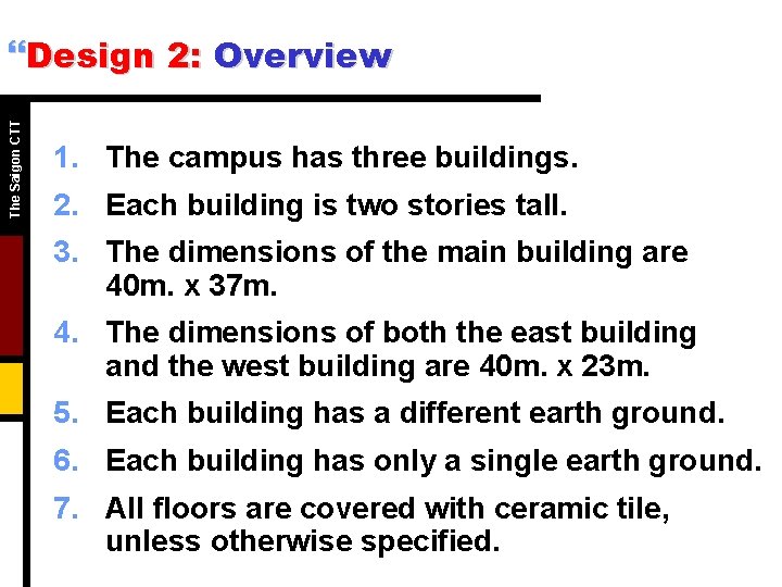 The Saigon CTT }Design 2: Overview 1. The campus has three buildings. 2. Each