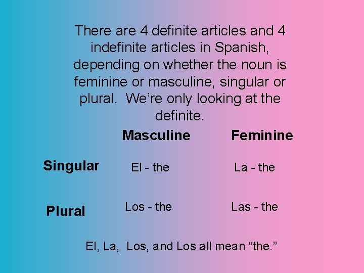 There are 4 definite articles and 4 indefinite articles in Spanish, depending on whether