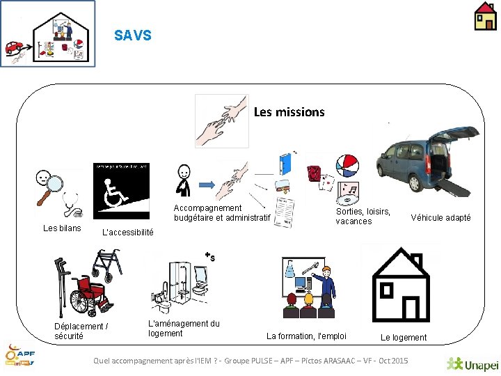 SAVS Les missions Accompagnement budgétaire et administratif Les bilans Sorties, loisirs, vacances Véhicule adapté