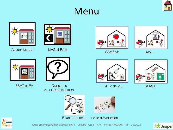 Menu Accueil de jour ESAT et EA MAS et FAM Questions vie en établissement