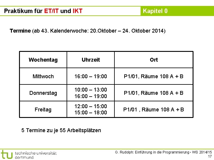 Praktikum für ET/IT und IKT Kapitel 0 Termine (ab 43. Kalenderwoche: 20. Oktober –