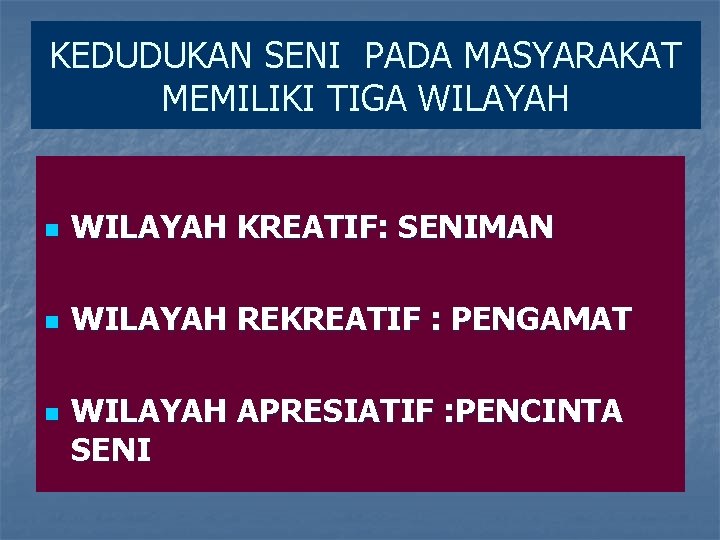 KEDUDUKAN SENI PADA MASYARAKAT MEMILIKI TIGA WILAYAH n WILAYAH KREATIF: SENIMAN n WILAYAH REKREATIF KEDUDUKAN SENI PADA MASYARAKAT MEMILIKI TIGA WILAYAH n WILAYAH KREATIF: SENIMAN n WILAYAH REKREATIF