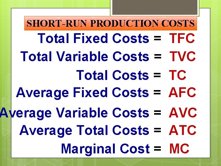 SHORT-RUN PRODUCTION COSTS Total Fixed Costs = Total Variable Costs = Total Costs =