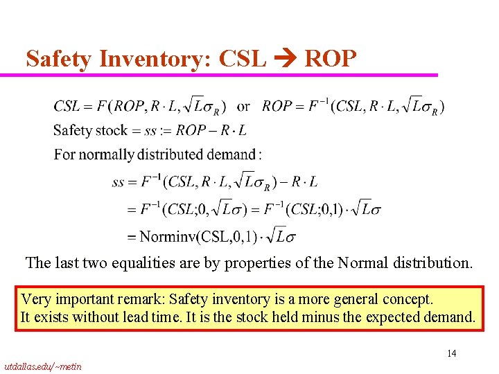 Safety Inventory: CSL ROP The last two equalities are by properties of the Normal