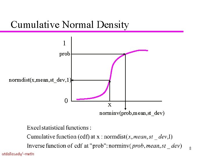 Cumulative Normal Density 1 prob normdist(x, mean, st_dev, 1) 0 x norminv(prob, mean, st_dev)