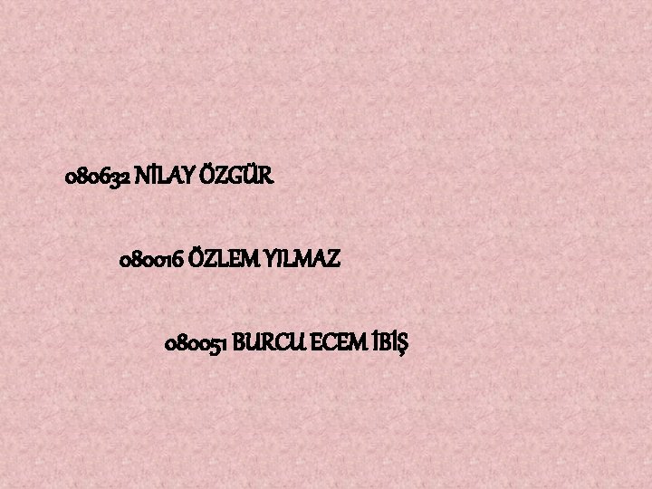  080632 NİLAY ÖZGÜR 080016 ÖZLEM YILMAZ 080051 BURCU ECEM İBİŞ 