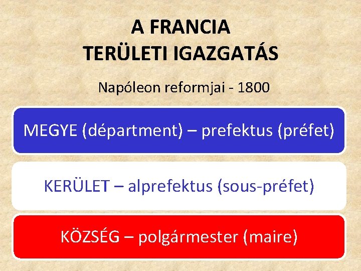 A FRANCIA TERÜLETI IGAZGATÁS Napóleon reformjai - 1800 MEGYE (départment) – prefektus (préfet) KERÜLET