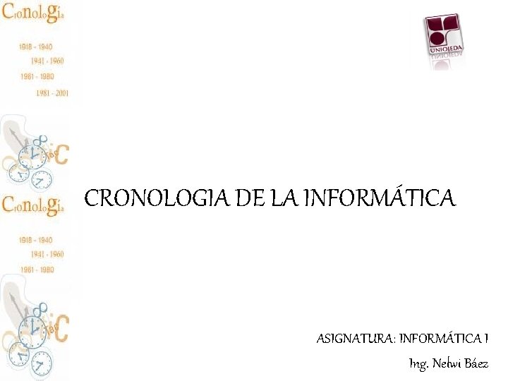 CRONOLOGIA DE LA INFORMÁTICA ASIGNATURA: INFORMÁTICA I Ing. Nelwi Báez 
