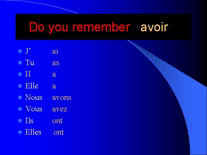 Do you remember avoir ? l l l l J’ Tu Il Elle Nous