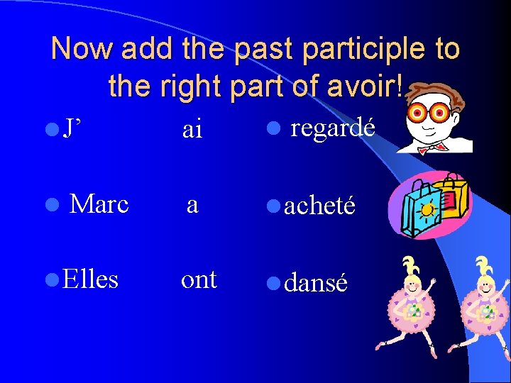 Now add the past participle to the right part of avoir! l J’ l