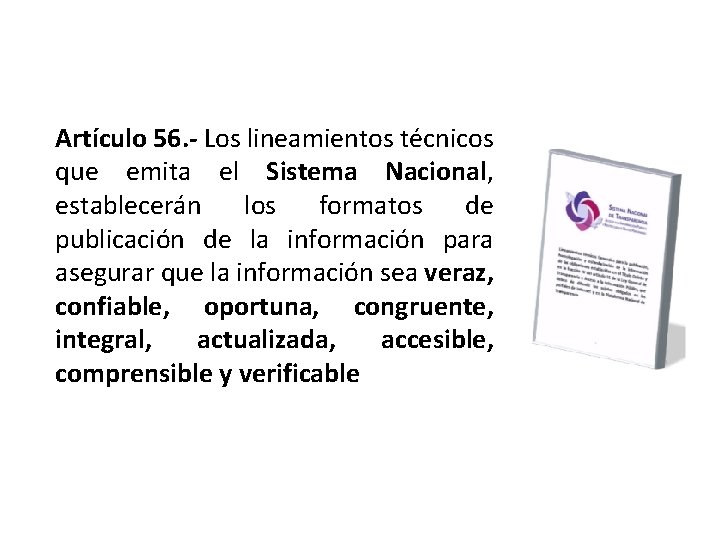 Artículo 56. - Los lineamientos técnicos que emita el Sistema Nacional, establecerán los formatos