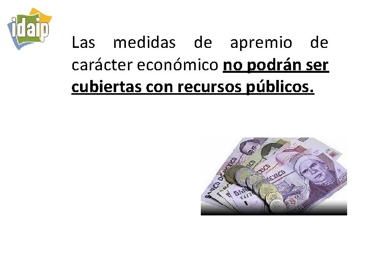 Las medidas de apremio de carácter económico no podrán ser cubiertas con recursos públicos.