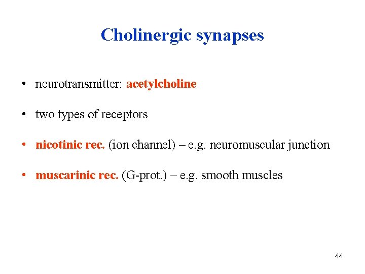 Cholinergic synapses • neurotransmitter: acetylcholine • two types of receptors • nicotinic rec. (ion