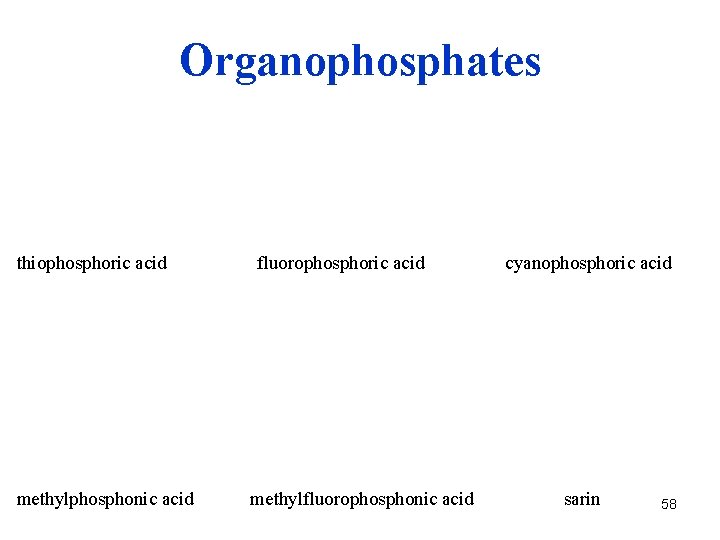 Organophosphates thiophosphoric acid kys. methylfosfonová methylphosphonic acid fluorophosphoric acid kys. methylfluorofosfonová methylfluorophosphonic acid cyanophosphoric