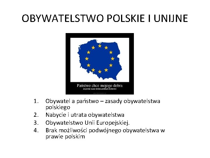 OBYWATELSTWO POLSKIE I UNIJNE 1. 2. 3. 4. Obywatel a państwo – zasady obywatelstwa