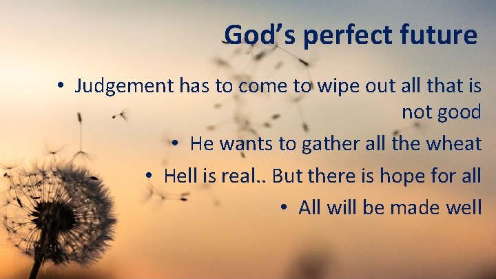 God’s perfect future • Judgement has to come to wipe out all that is