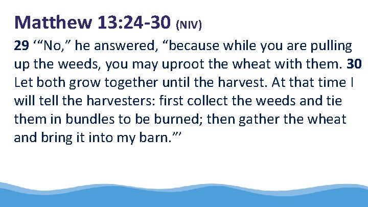 Matthew 13: 24 -30 (NIV) 29 ‘“No, ” he answered, “because while you are