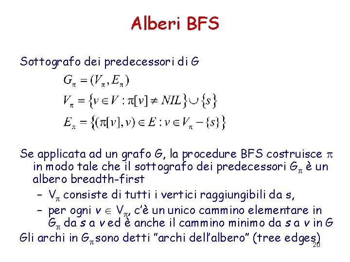 Alberi BFS Sottografo dei predecessori di G Se applicata ad un grafo G, la