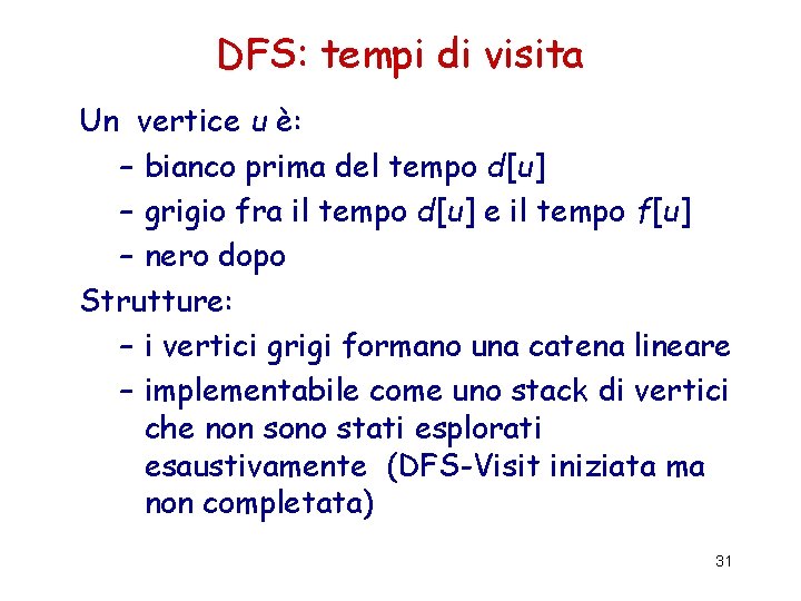 DFS: tempi di visita Un vertice u è: – bianco prima del tempo d[u]