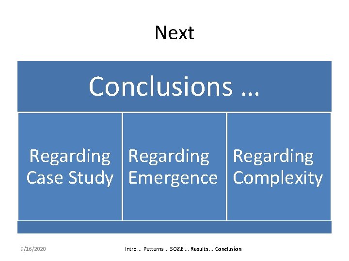Next Conclusions … Regarding Case Study Emergence Complexity 9/16/2020 Intro. . . Patterns. .