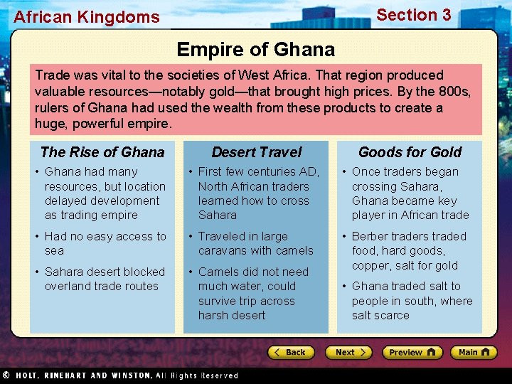 Section 3 African Kingdoms Empire of Ghana Trade was vital to the societies of