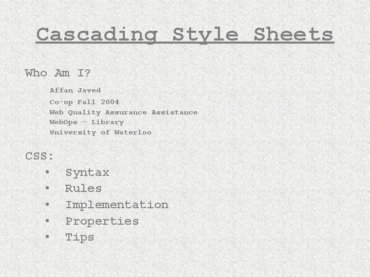 Cascading Style Sheets Who Am I? Affan Javed Co-op Fall 2004 Web Quality Assurance