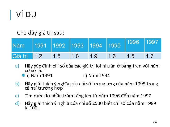 VÍ DỤ Cho dãy giá trị sau: Năm 1991 1992 1993 1994 1995 Giá