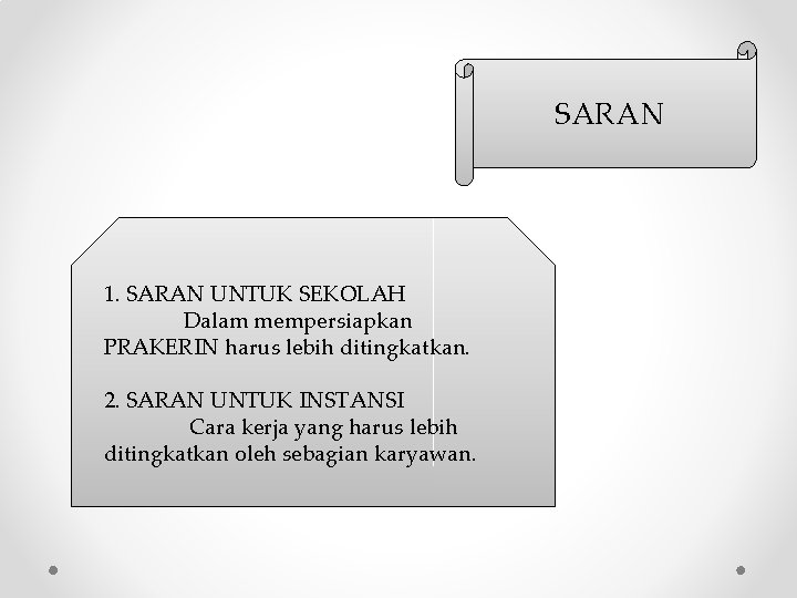 SARAN 1. SARAN UNTUK SEKOLAH Dalam mempersiapkan PRAKERIN harus lebih ditingkatkan. 2. SARAN UNTUK