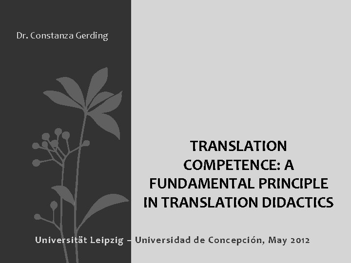 Dr. Constanza Gerding TRANSLATION COMPETENCE: A FUNDAMENTAL PRINCIPLE IN TRANSLATION DIDACTICS Universität Leipzig –