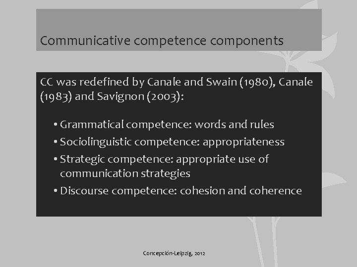 Communicative competence components CC was redefined by Canale and Swain (1980), Canale (1983) and