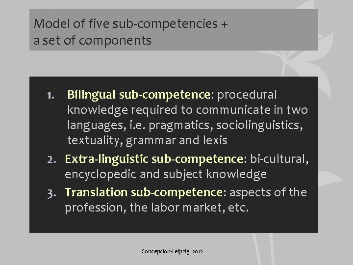 Model of five sub-competencies + a set of components 1. Bilingual sub-competence: procedural knowledge
