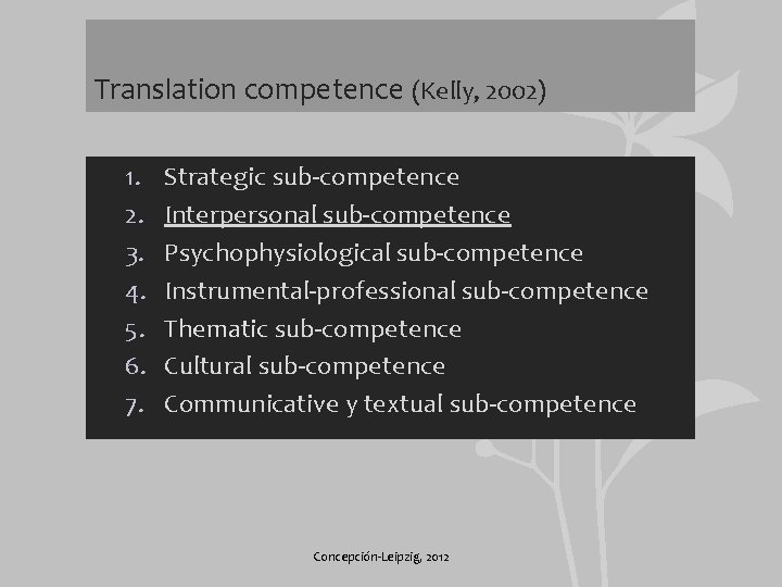 Translation competence (Kelly, 2002) 1. 2. 3. 4. 5. 6. 7. Strategic sub-competence Interpersonal