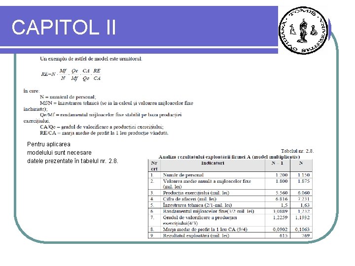 CAPITOL II Pentru aplicarea modelului sunt necesare datele prezentate în tabelul nr. 2. 8.