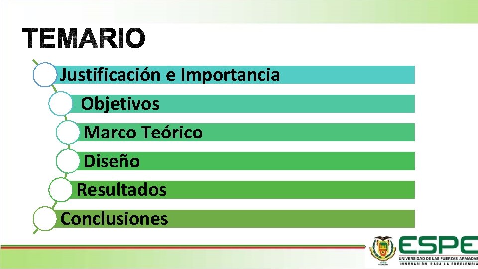 Justificación e Importancia Objetivos Marco Teórico Diseño Resultados Conclusiones 