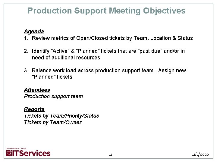 Production Support Meeting Objectives Agenda 1. Review metrics of Open/Closed tickets by Team, Location