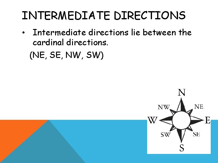 INTERMEDIATE DIRECTIONS • Intermediate directions lie between the cardinal directions. (NE, SE, NW, SW)