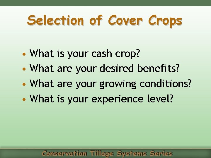 Selection of Cover Crops • What is your cash crop? • What are your