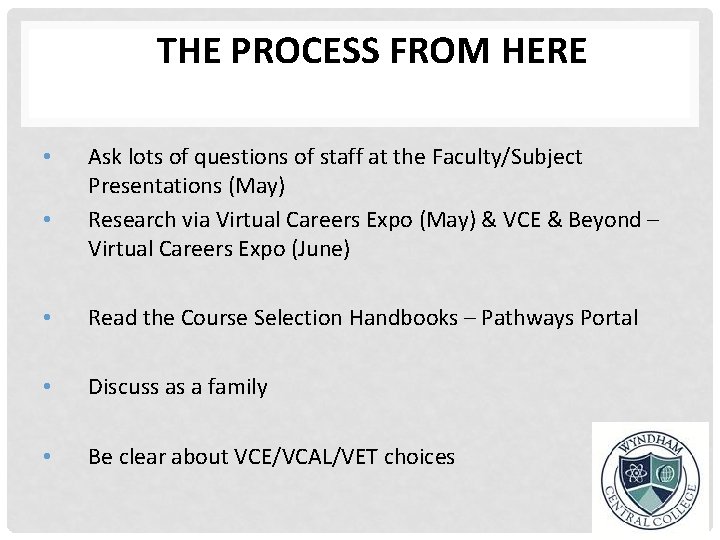 THE PROCESS FROM HERE • • Ask lots of questions of staff at the