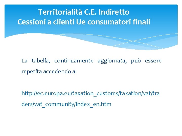 Territorialità C. E. Indiretto Cessioni a clienti Ue consumatori finali La tabella, continuamente aggiornata,
