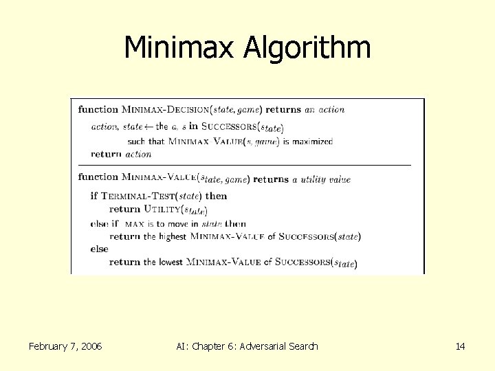 Minimax Algorithm February 7, 2006 AI: Chapter 6: Adversarial Search 14 