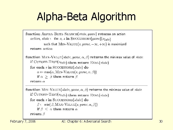 Alpha-Beta Algorithm February 7, 2006 AI: Chapter 6: Adversarial Search 30 