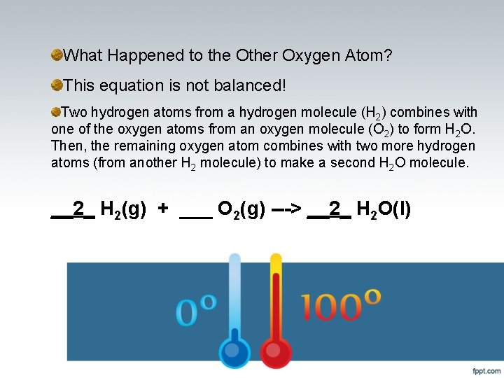 What Happened to the Other Oxygen Atom? This equation is not balanced! Two hydrogen