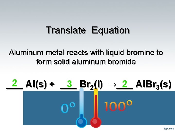 Translate Equation Aluminum metal reacts with liquid bromine to form solid aluminum bromide 2